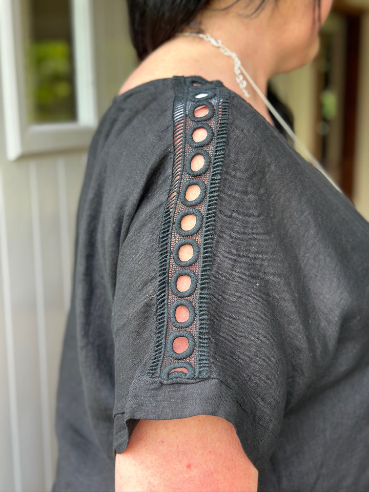 Pure Linen Crochet Sleeve Detail Tunic | Black