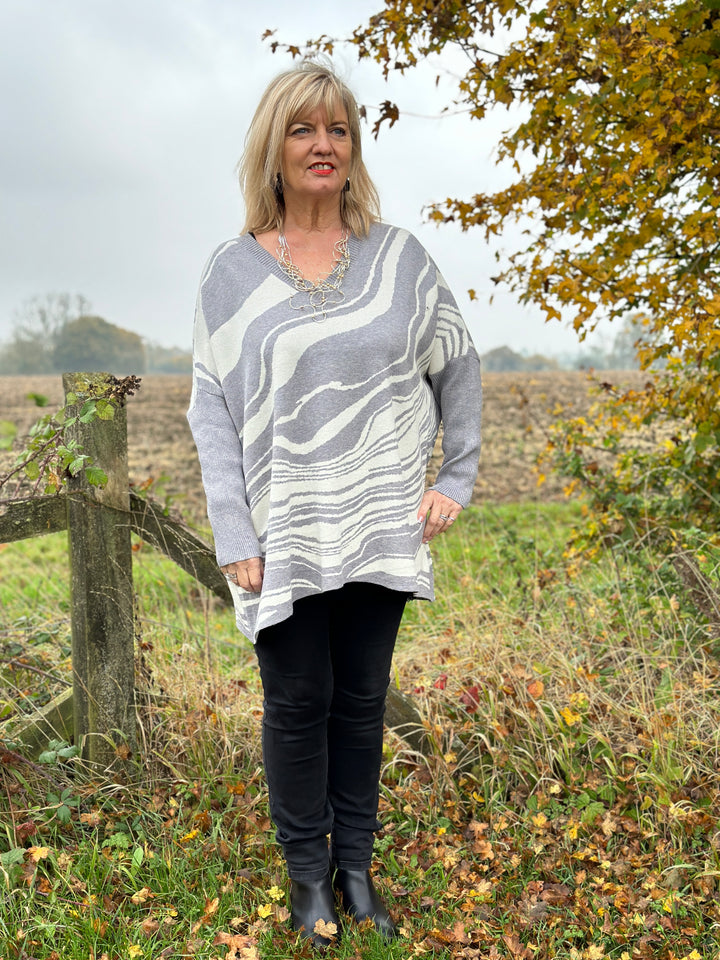 V-Neck Marble Print Jumper | Grey