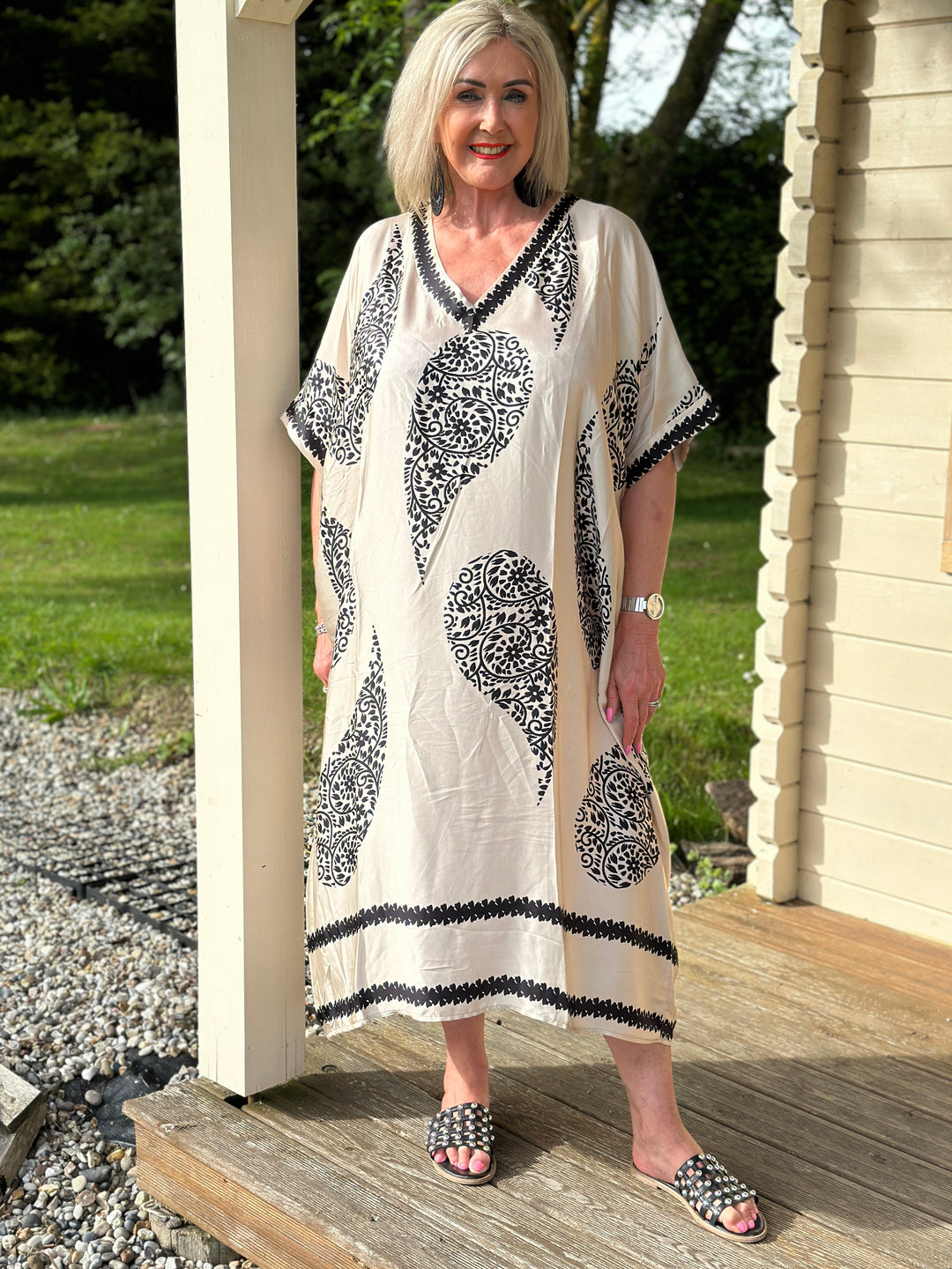 V-Neck Mandala Print Tunic Dress | Beige