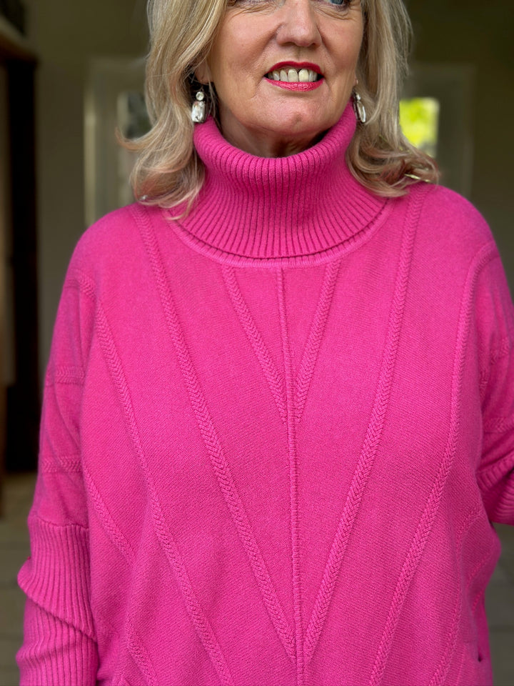 Cable Knit Roll Neck | Fuchsia