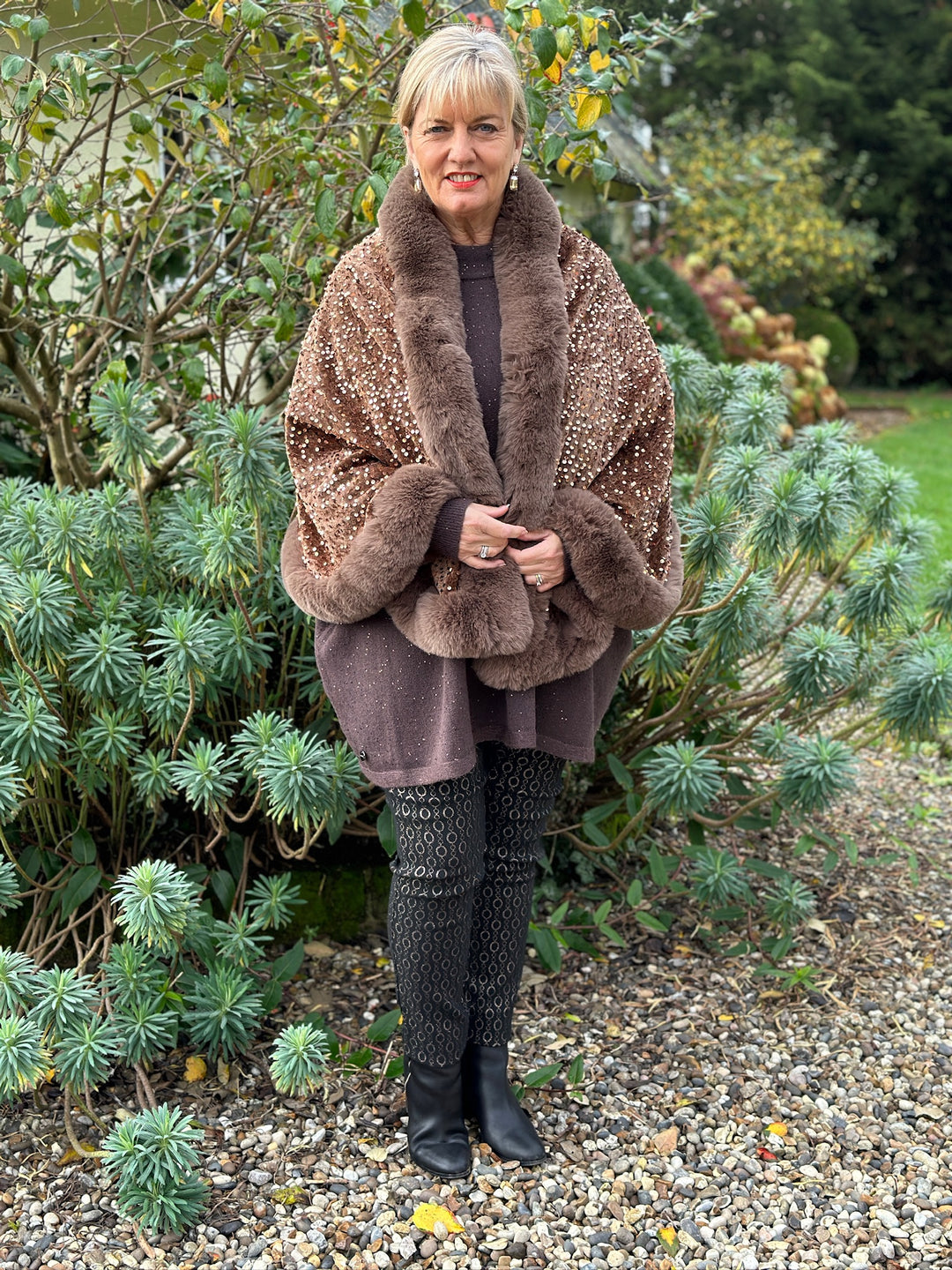 Sequin Faux Fur Wrap | Brown/Copper