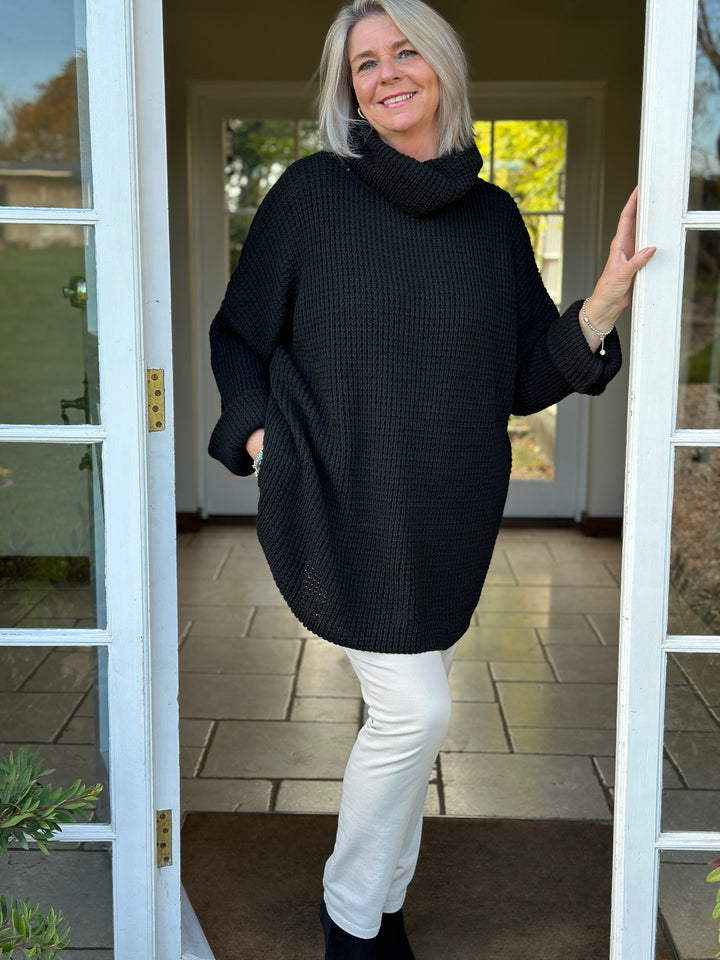 Longline Waffle Knit Cowl Neck Jumper | Black