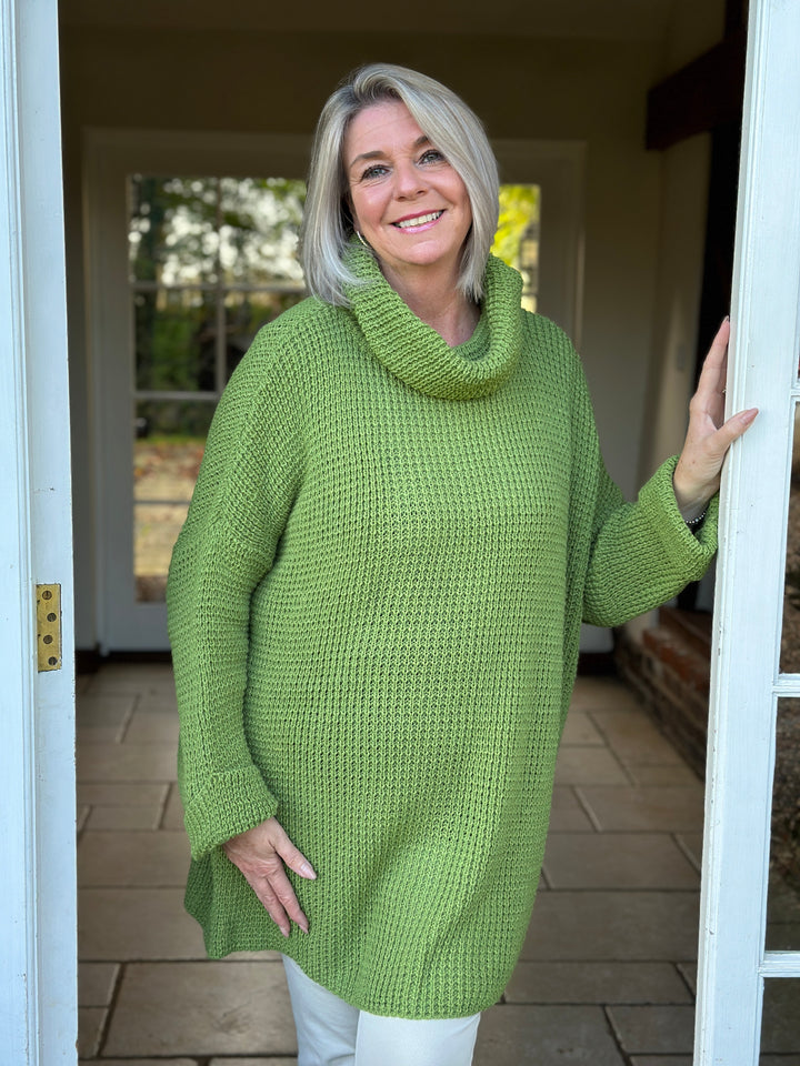 Longline Waffle Knit Cowl Neck Jumper | Olive