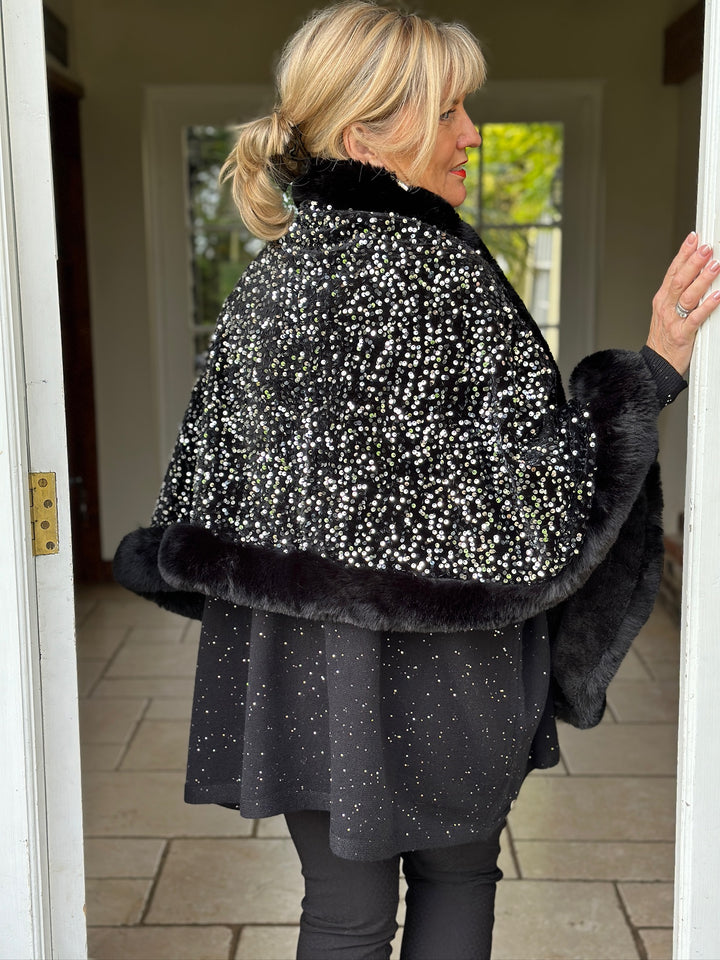 Sequin Faux Fur Wrap | Black/Silver