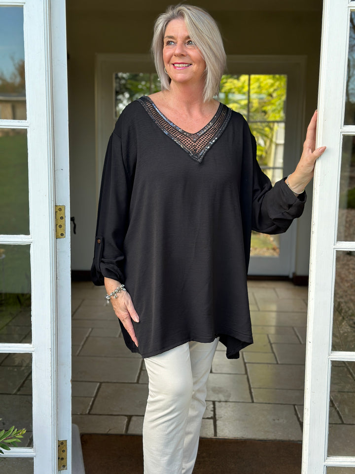 Sequin V-Neck Roll Tab Blouse | Black