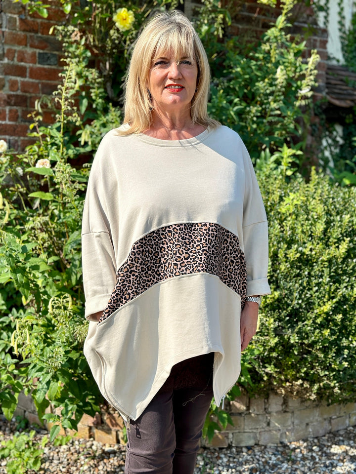 Leopard Zip Detail Sweatshirt | Beige