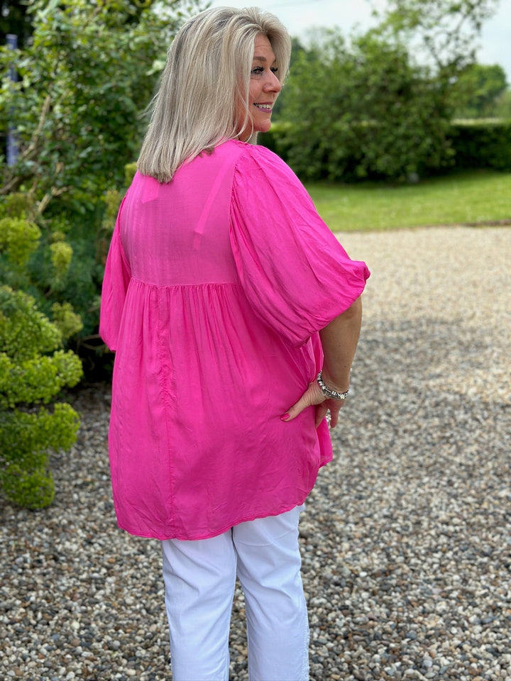 Ruffle Detail V-Neck Blouse | Fuchsia