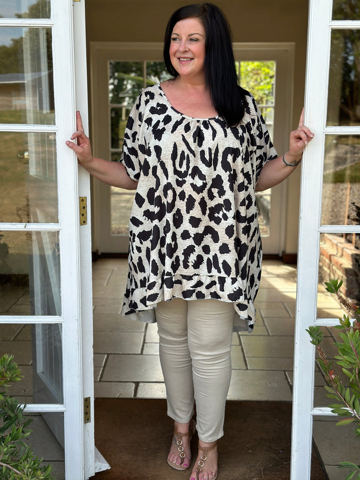 Leopard Ruffle Hem Top | Cream