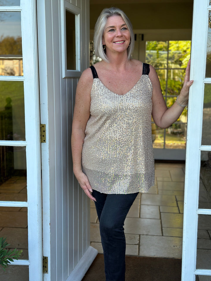 Sequin Lace Strap Vest Top | Gold