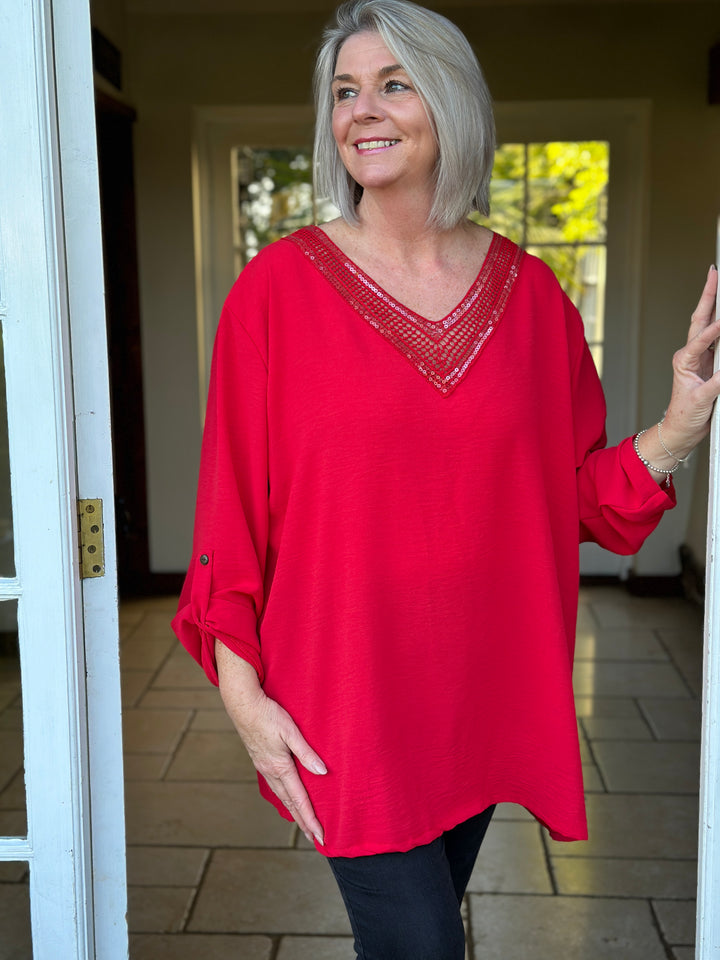 Sequin V-Neck Roll Tab Blouse | Red