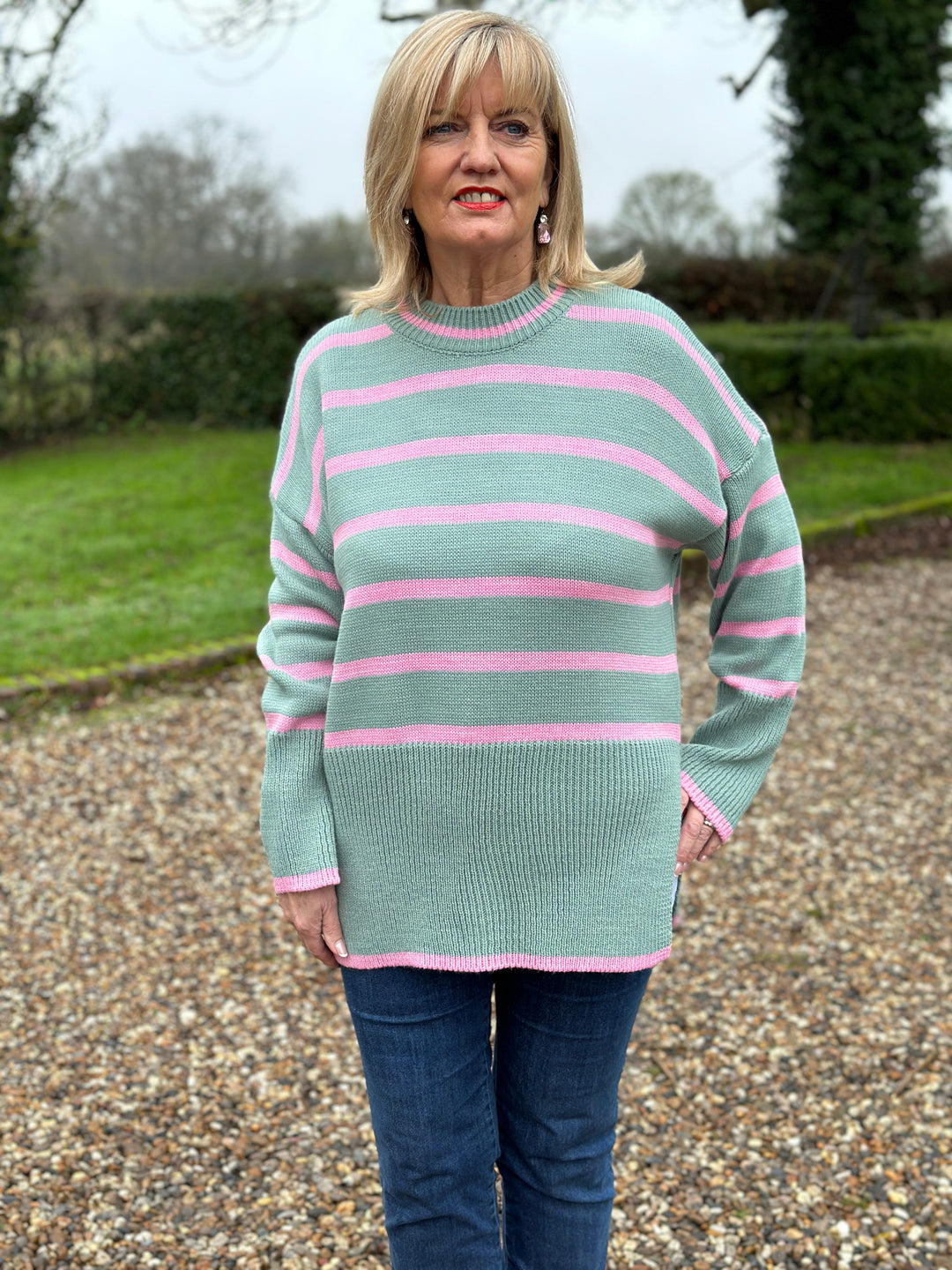 Chunky Knit Striped Jumper | Mint/Pink