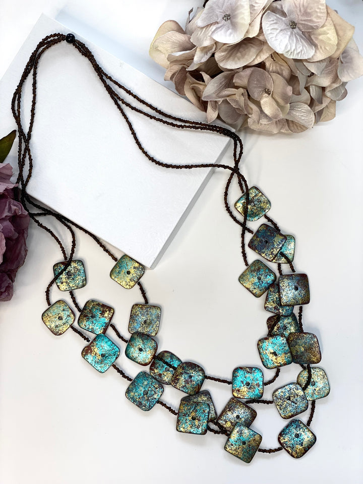 Square Long Teal Beaded Necklace