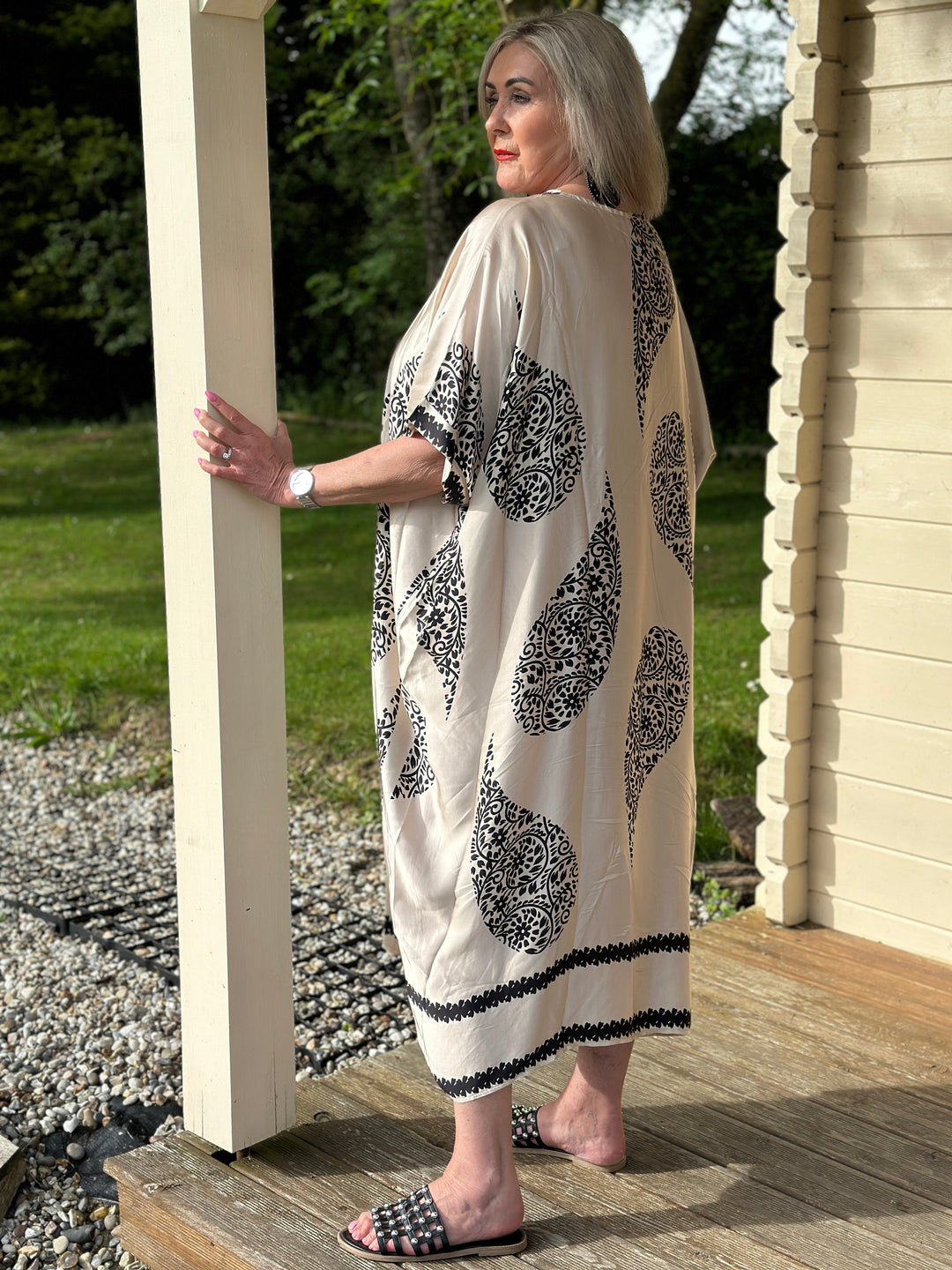 V-Neck Mandala Print Tunic Dress | Beige