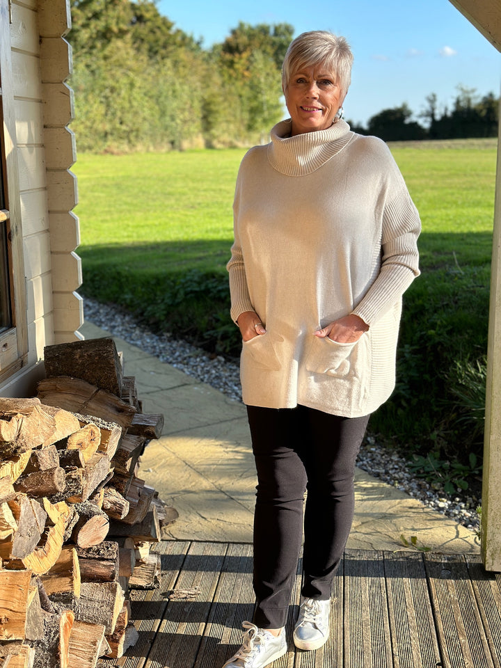 Pocket Ribbed Detail Roll Neck Jumper | Cream