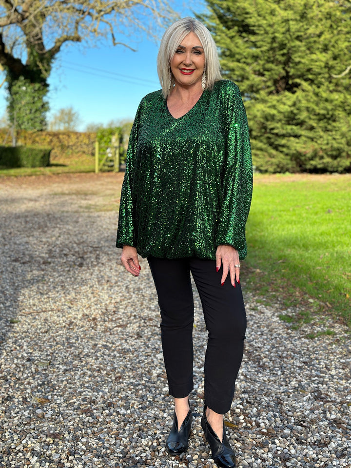 Sequin Bubble Hem Top | Green