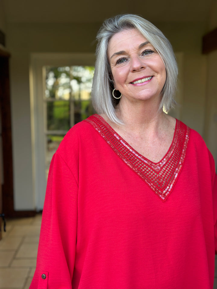 Sequin V-Neck Roll Tab Blouse | Red