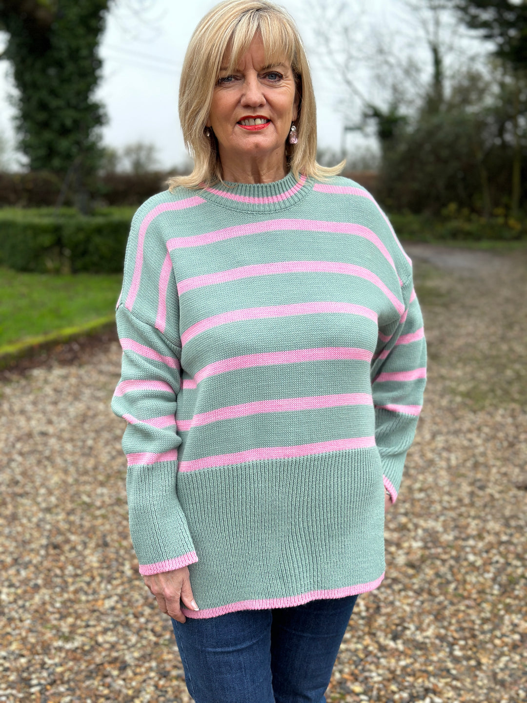 Chunky Knit Striped Jumper | Mint/Pink