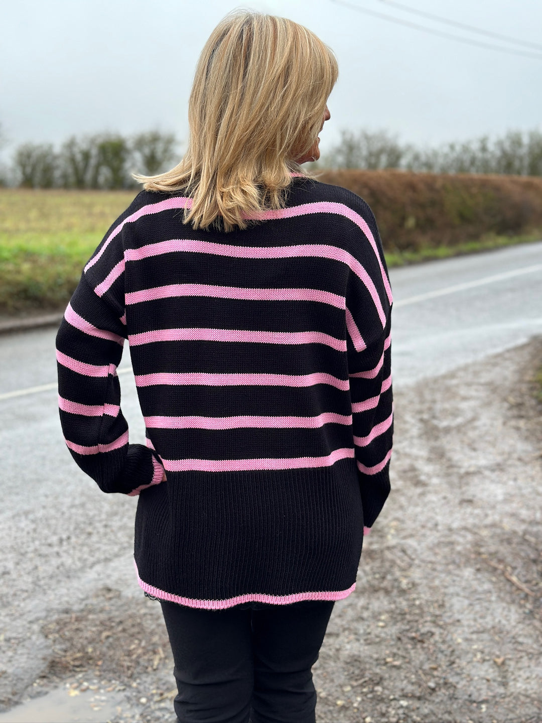 Chunky Knit Striped Jumper | Black/Pink