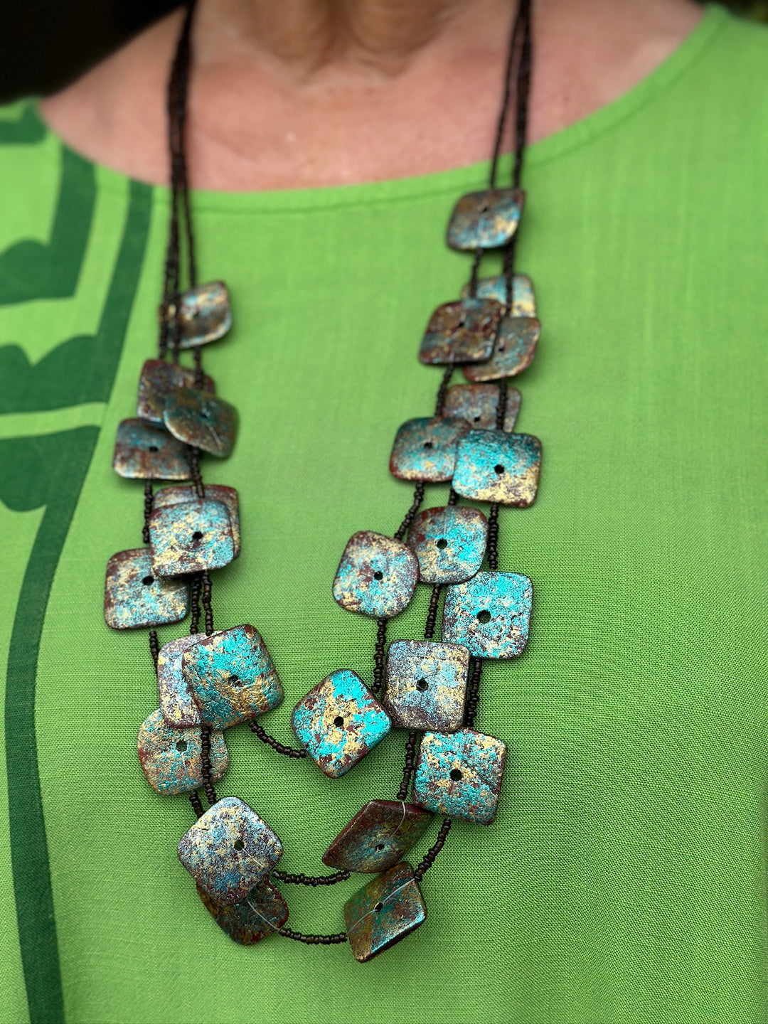 Square Long Teal Beaded Necklace