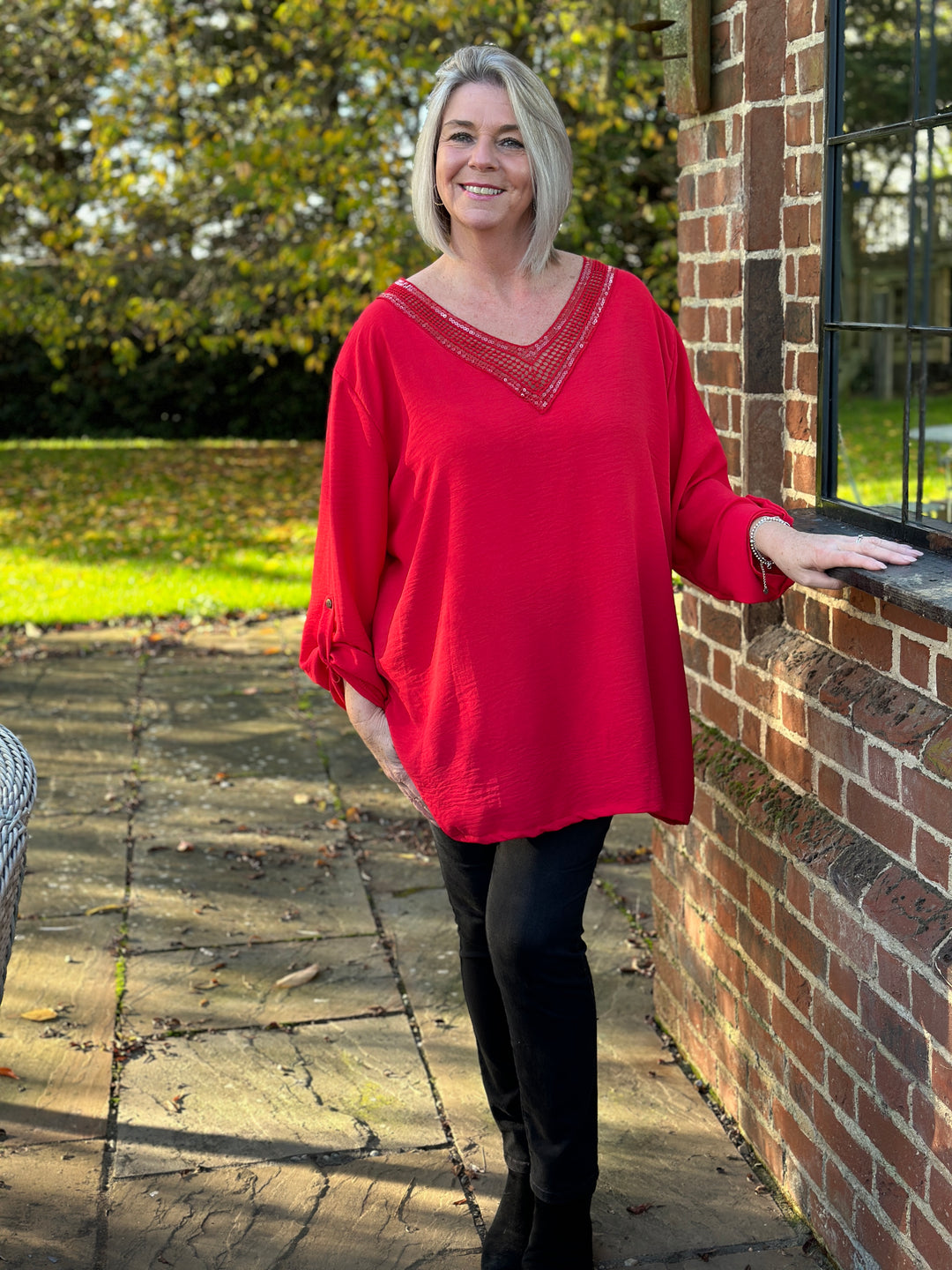 Sequin V-Neck Roll Tab Blouse | Red