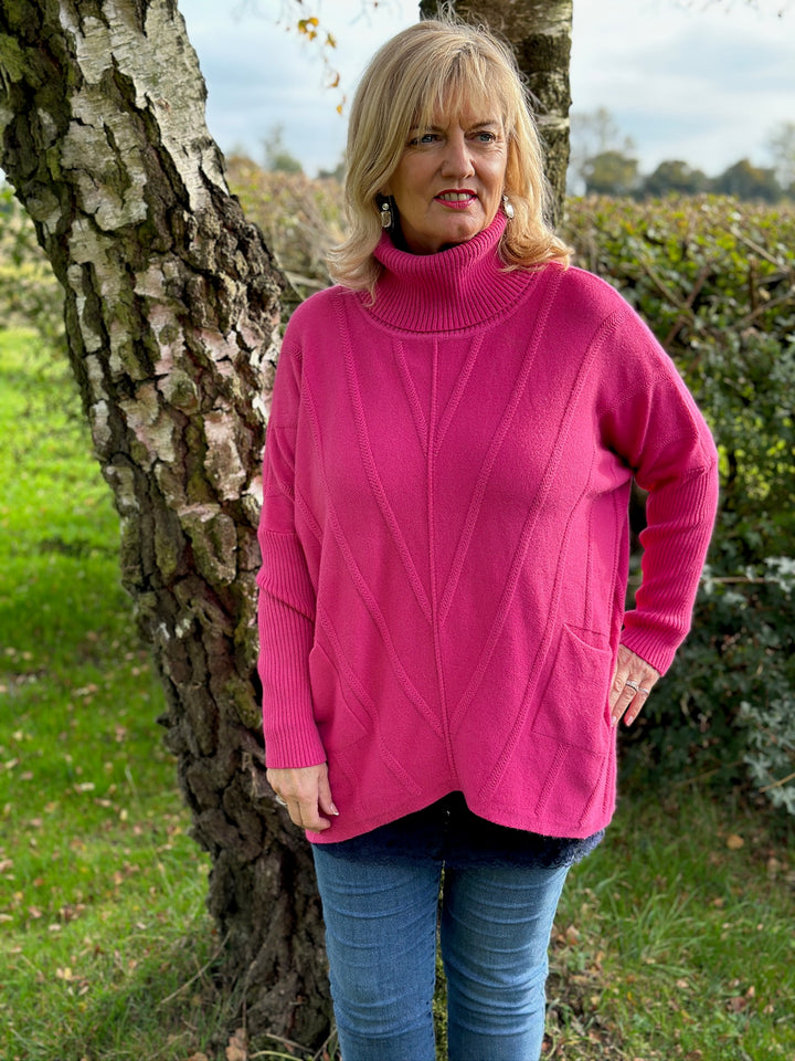 Cable Knit Roll Neck | Fuchsia