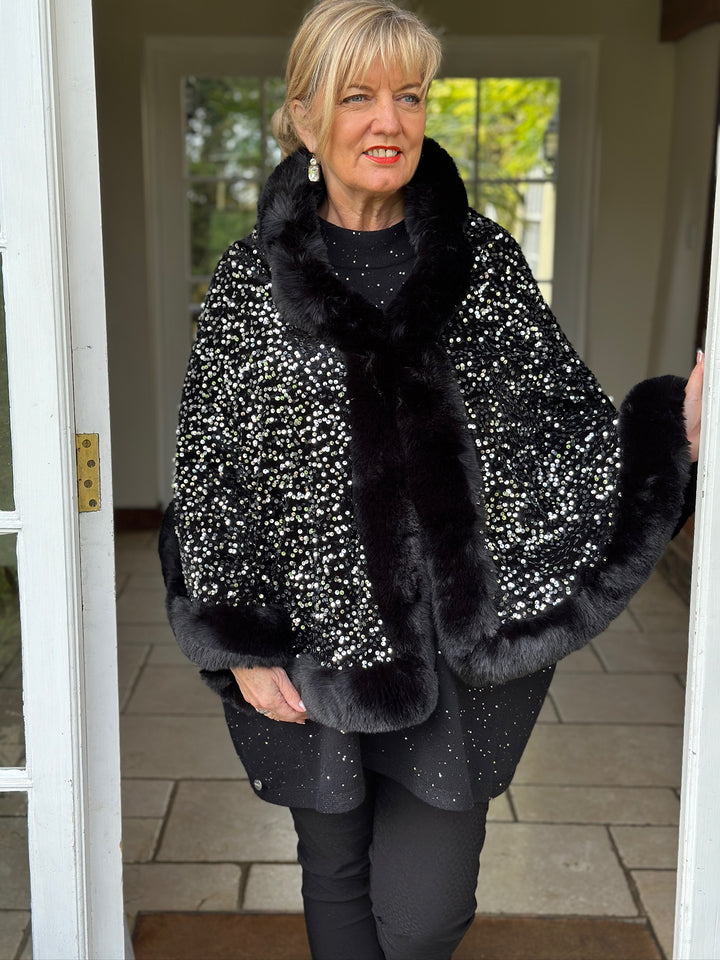 Sequin Faux Fur Wrap | Black/Silver