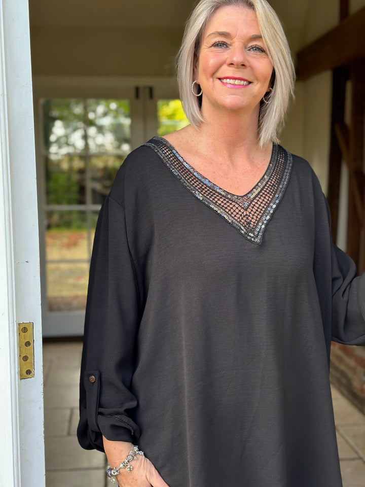 Sequin V-Neck Roll Tab Blouse | Black