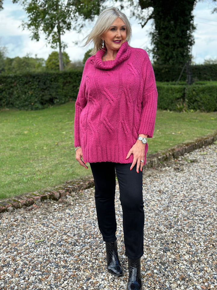 Cable Knit Roll Neck Jumper | Raspberry Pink