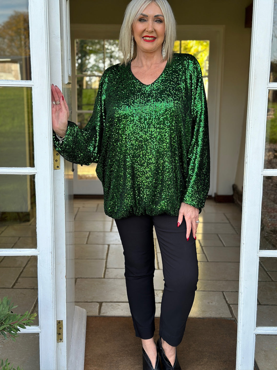 Sequin Bubble Hem Top | Green