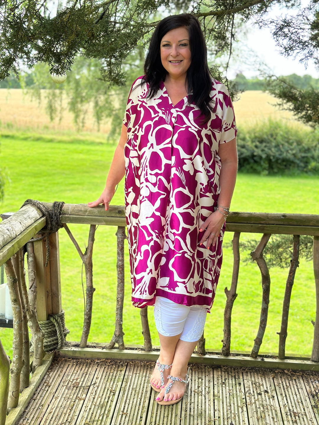 Patterned V-Neck Batwing Dress | Magenta