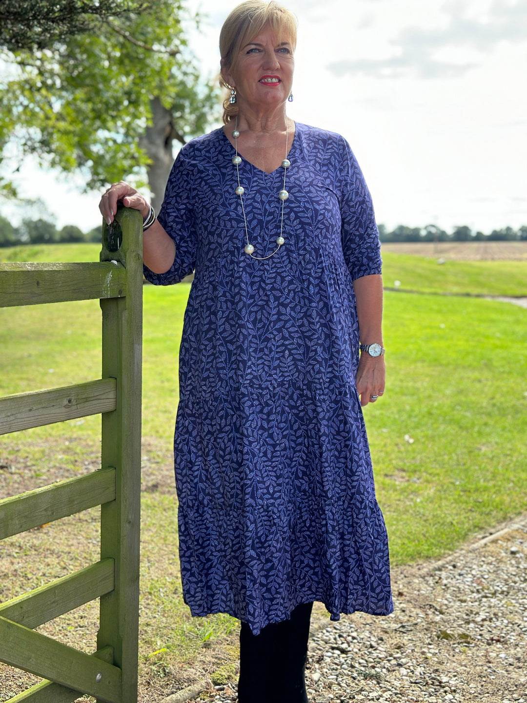 Leaf Print Tiered Maxi Dress | Navy