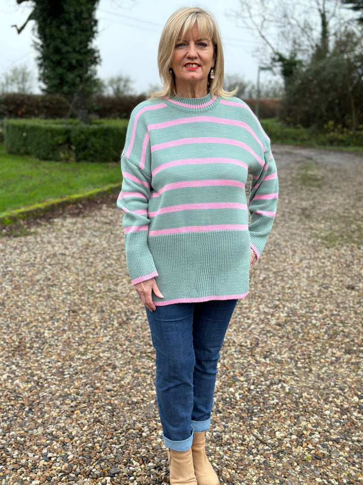 Chunky Knit Striped Jumper | Mint/Pink