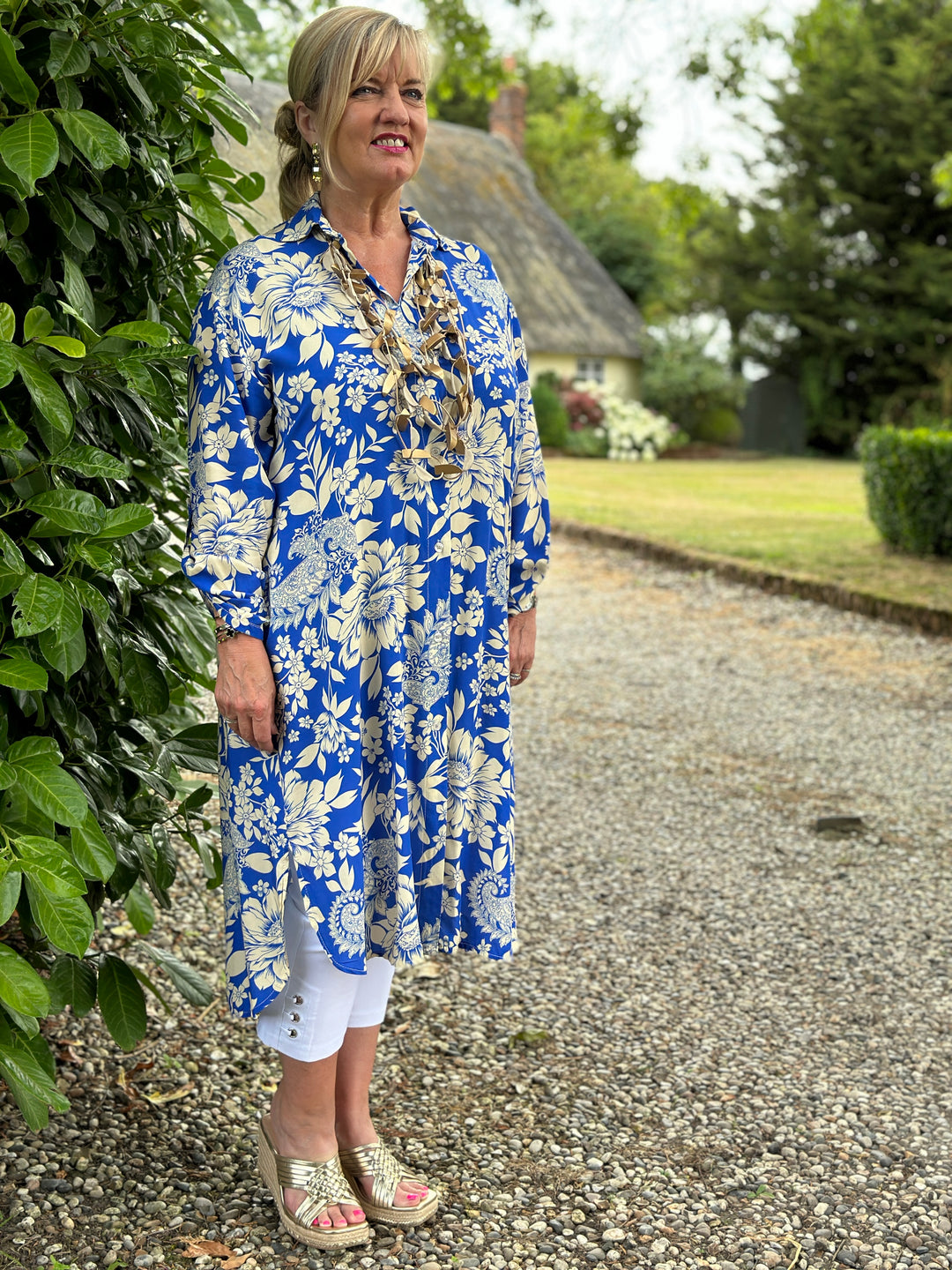 Floral Pattern Longline Shirt Dress - Electric Blue