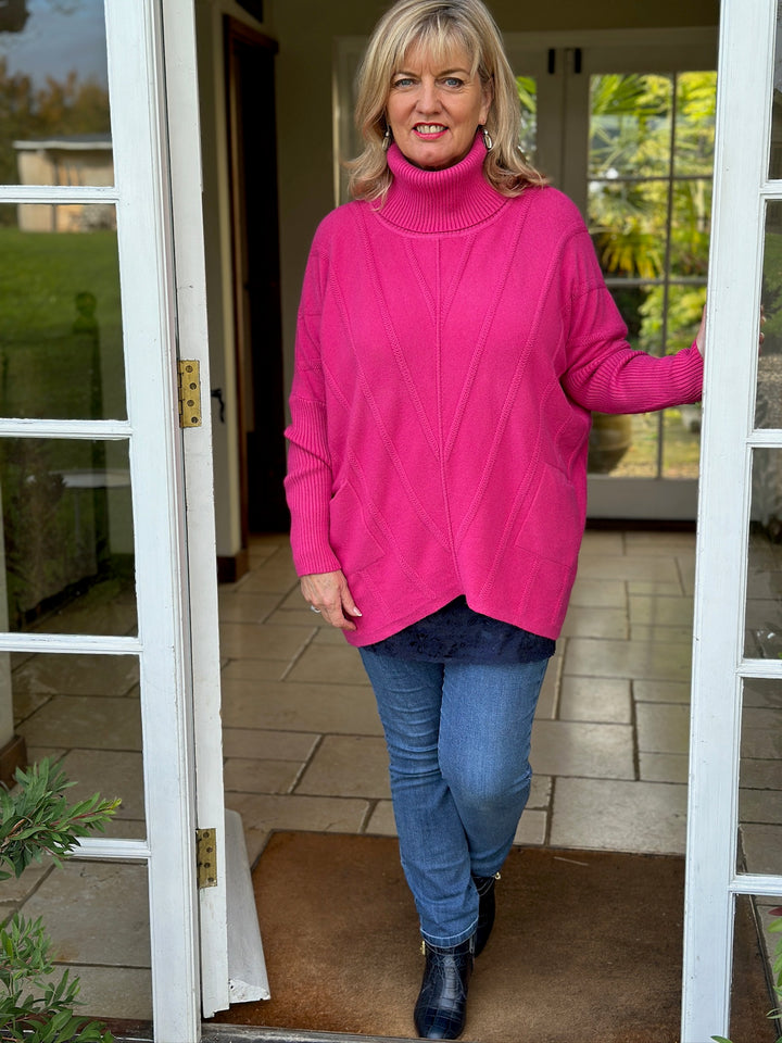 Cable Knit Roll Neck | Fuchsia