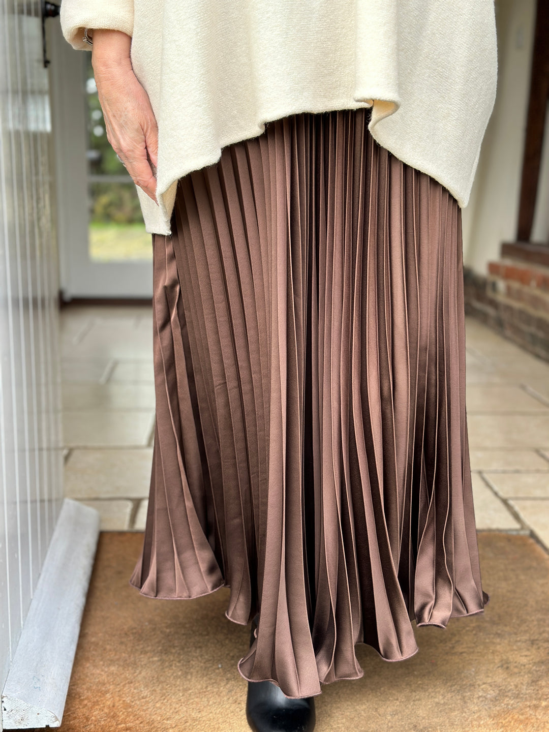 Pleated Satin Feel Floaty Skirt | Chocolate Brown