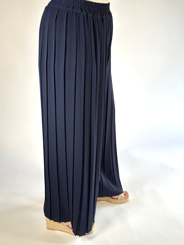 Wide Leg Pleated Trousers | Navy