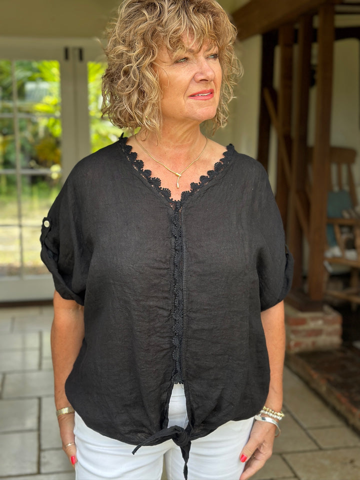 V-Neck Crochet Linen Top | Black