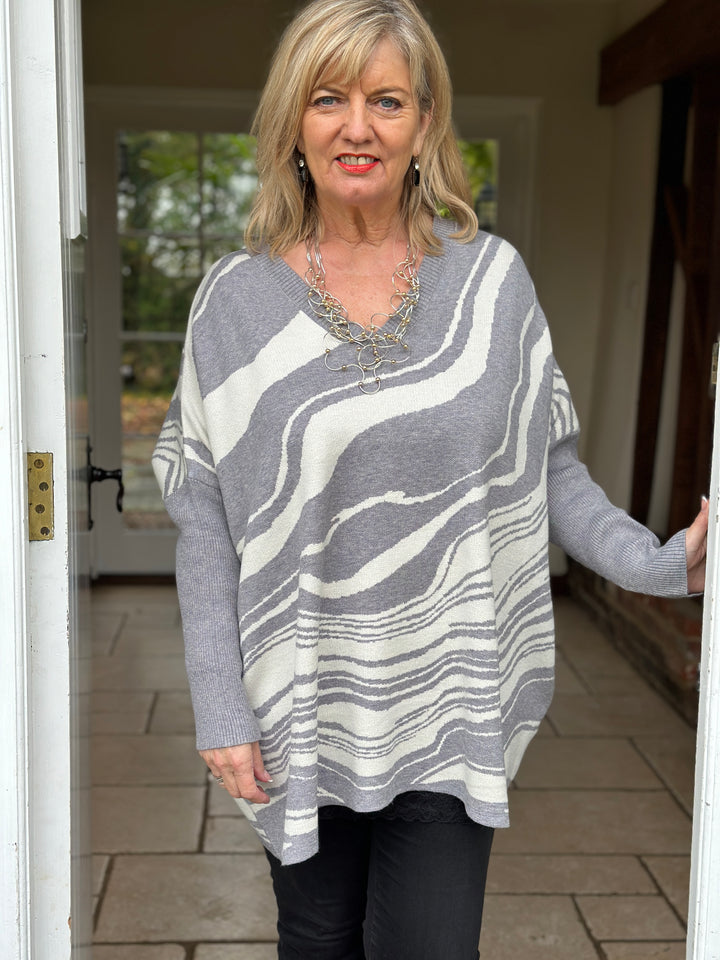 V-Neck Marble Print Jumper | Grey