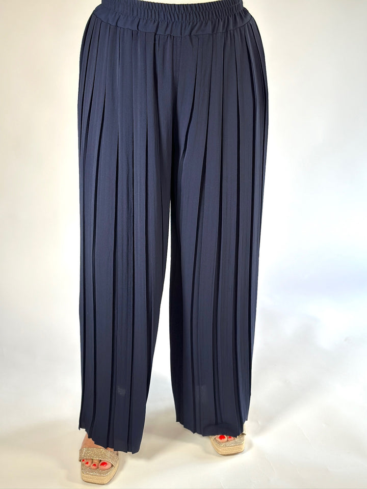 Wide Leg Pleated Trousers | Navy