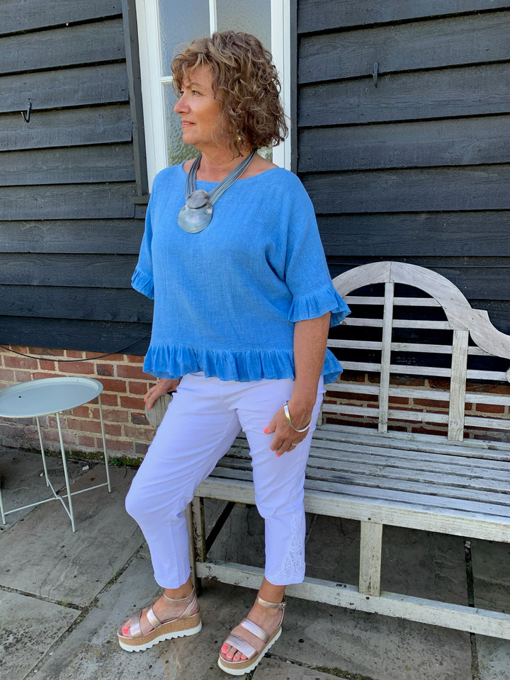 Linen & Cotton Blend Frill Hem Top | Blue