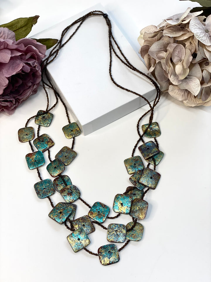 Square Long Teal Beaded Necklace