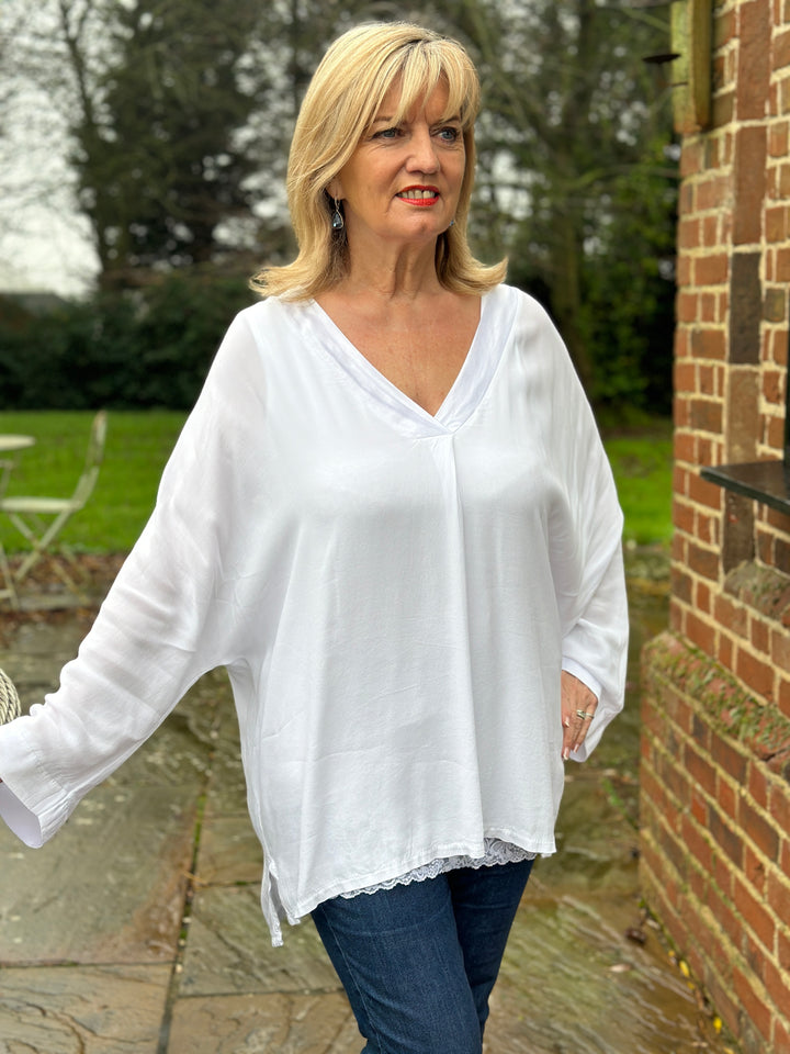 Long Sleeve Satin Trim Blouse | White