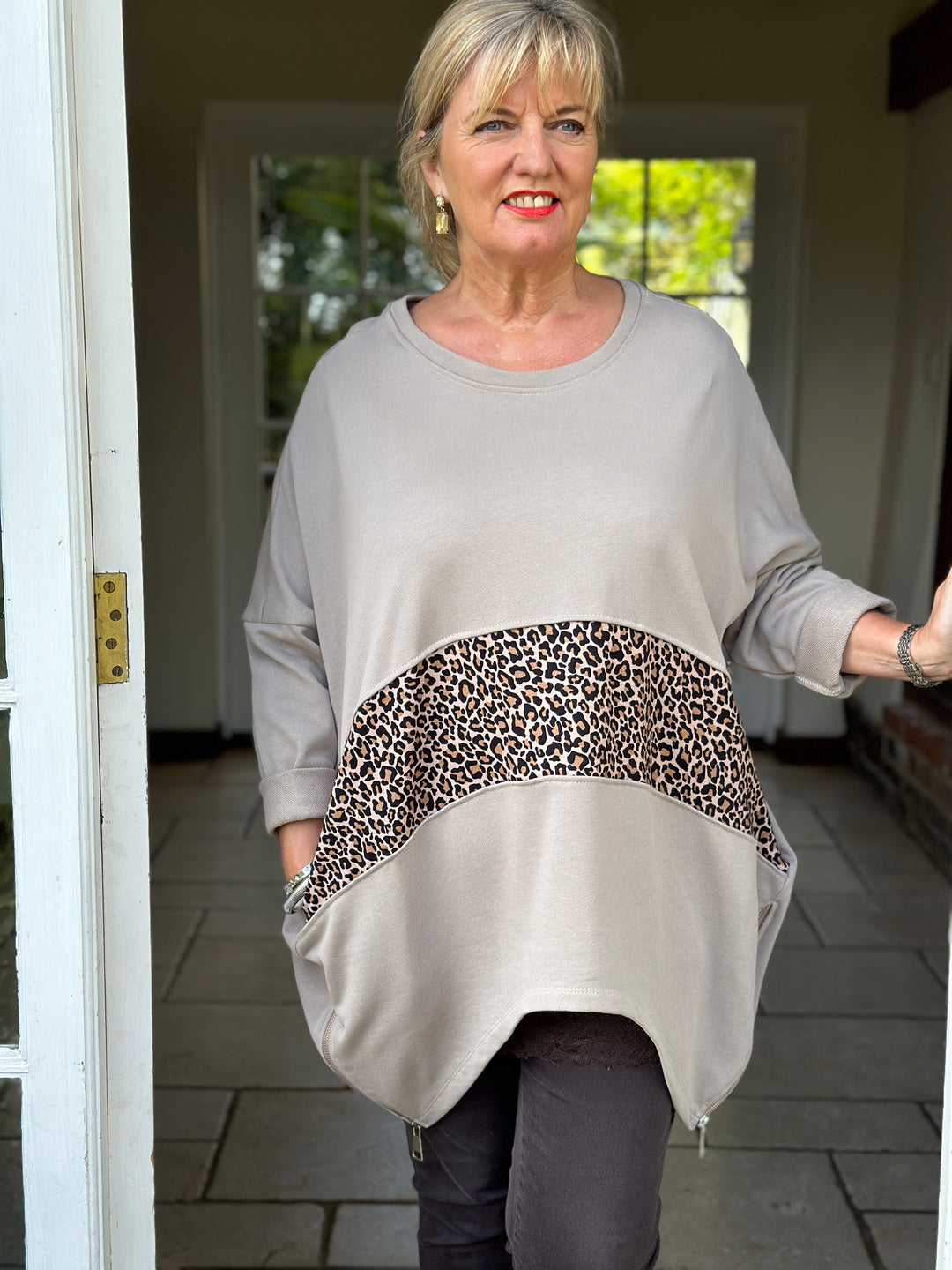 Leopard Zip Detail Sweatshirt | Taupe