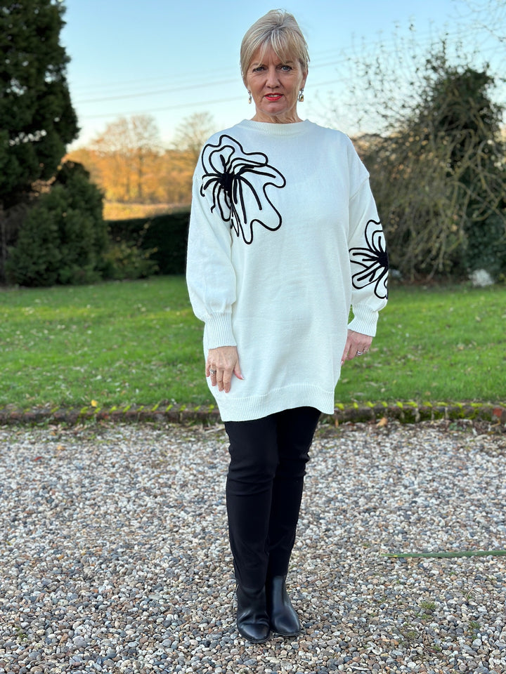 Longline Flower Silhouette Jumper | Snow White