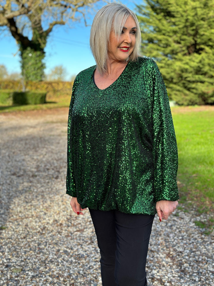 Sequin Bubble Hem Top | Green