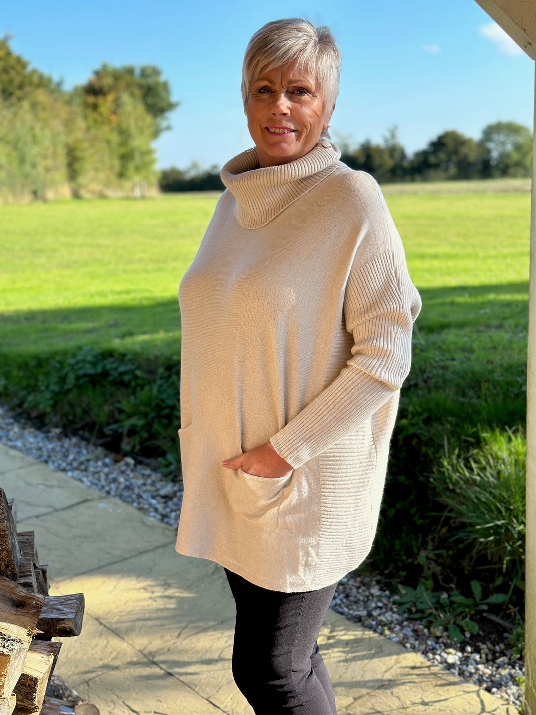 Pocket Ribbed Detail Roll Neck Jumper | Cream