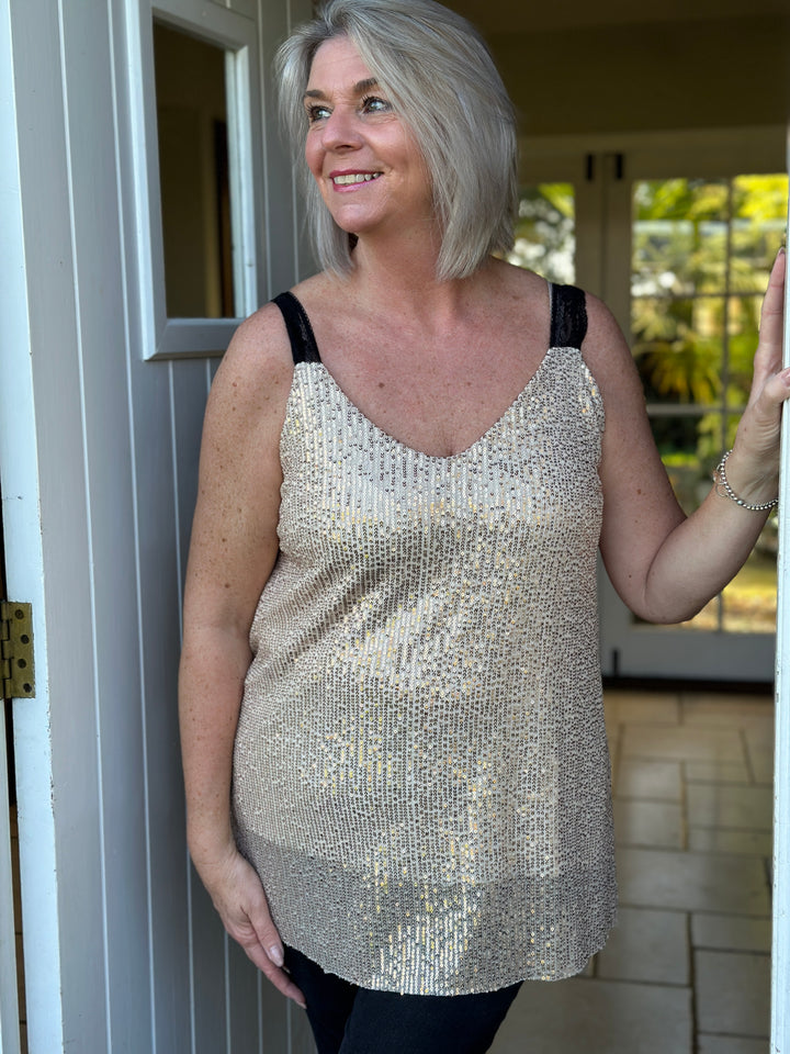 Sequin Lace Strap Vest Top | Gold