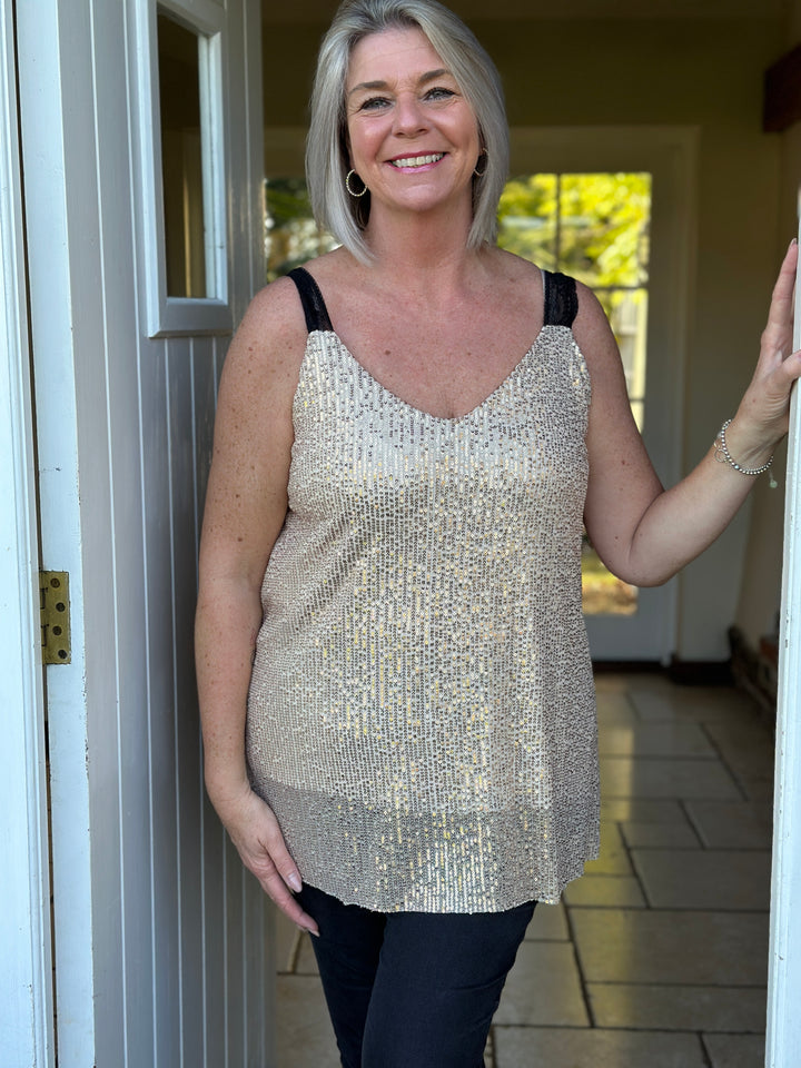 Sequin Lace Strap Vest Top | Gold