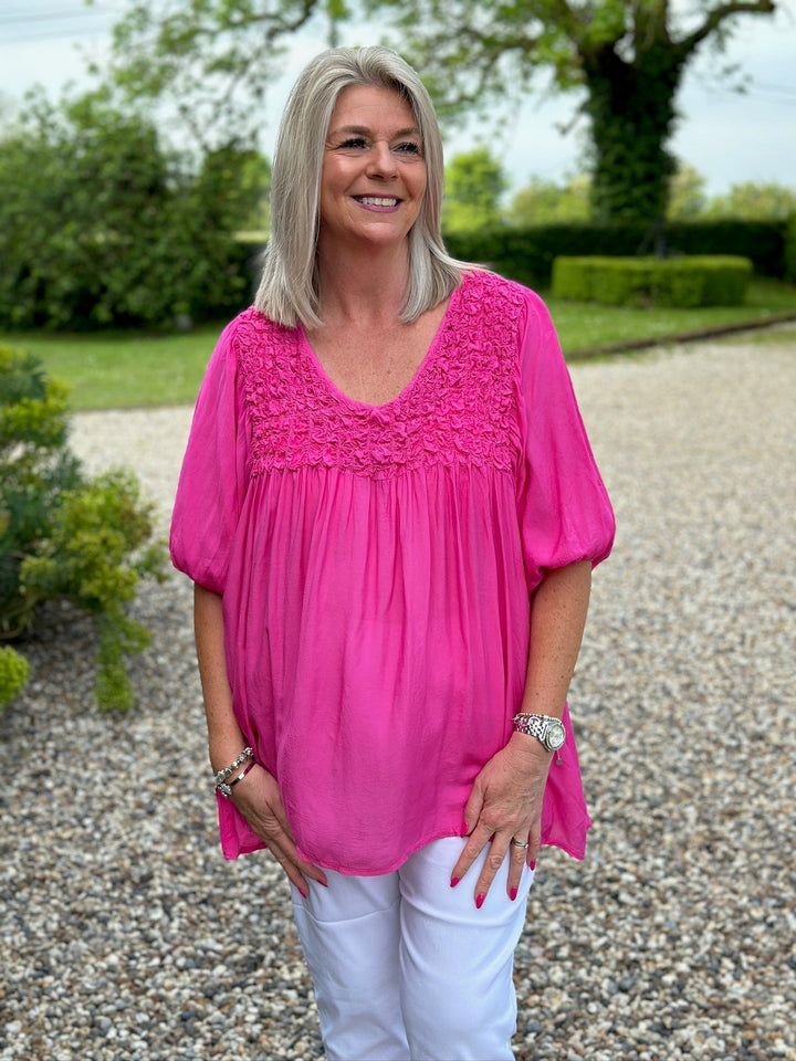 Ruffle Detail V-Neck Blouse | Fuchsia