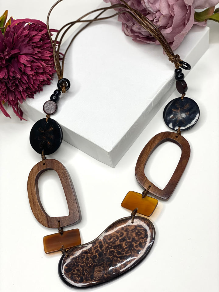 Wooden & Stone Abstract Adjustable Necklace